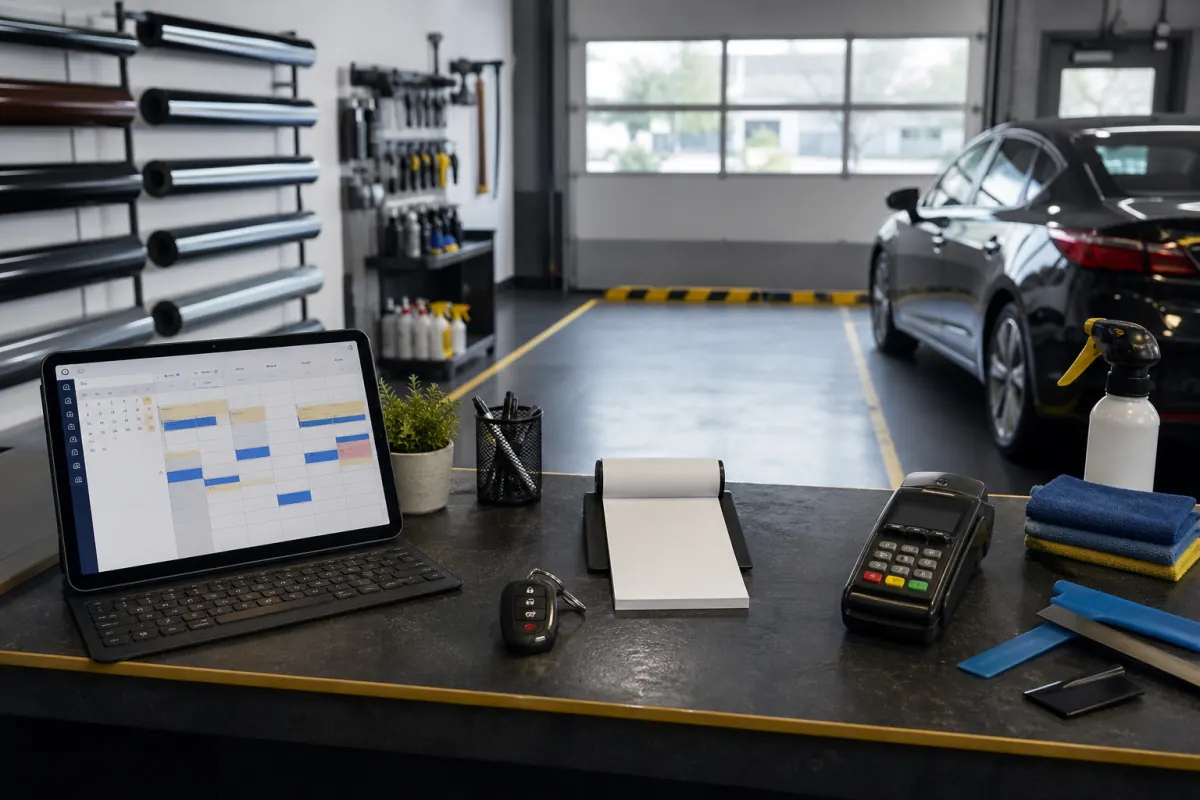 Tint shop booking calendar, deposit receipt, vehicle key, and empty reserved bay
