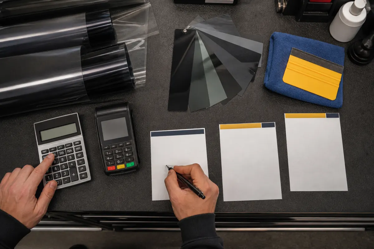 Calculator, terminal, film swatches, and package estimates on a tint workbench