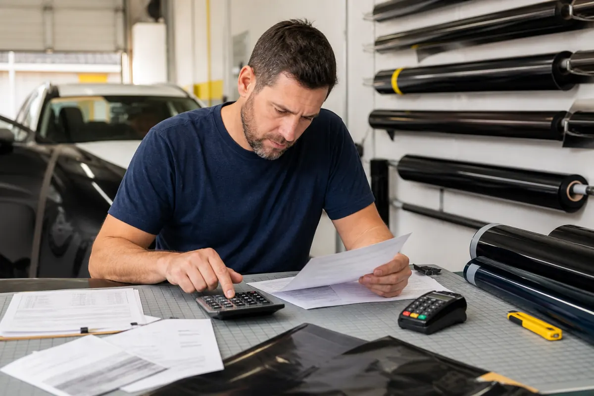Tint shop owner auditing merchant fees at a film cutting table