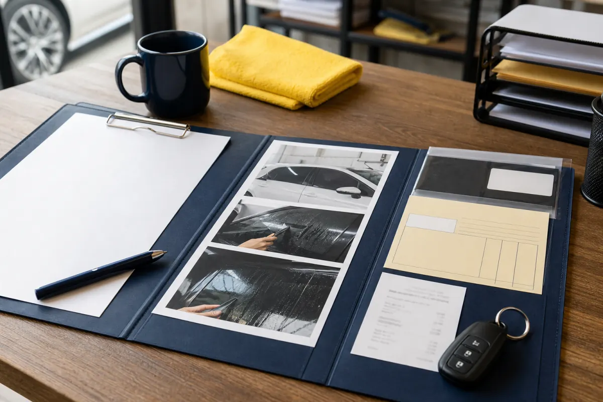 Tint warranty file with invoice, installation photos, approval, key, and receipt