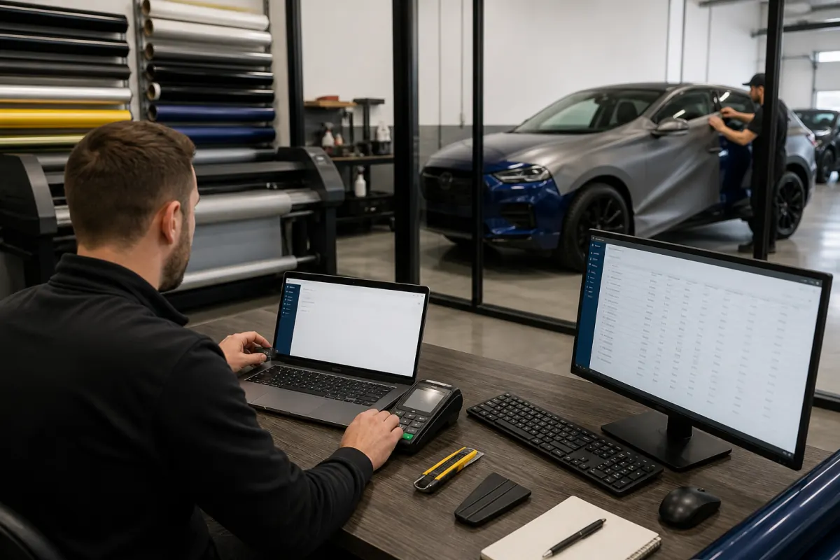 Wrap shop CRM, payment terminal, and accounting screen aligned around one project