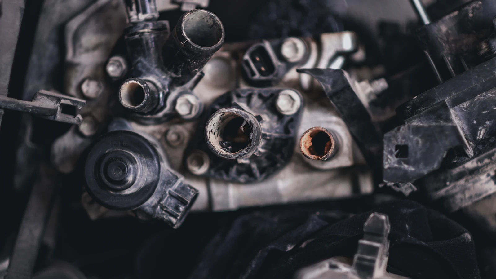 Assorted automotive metal components arranged on a workshop surface.