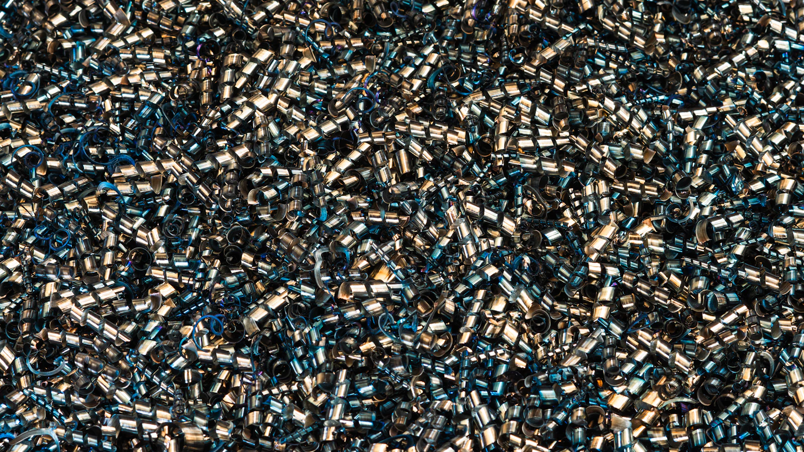 A close view of densely packed metal shavings.