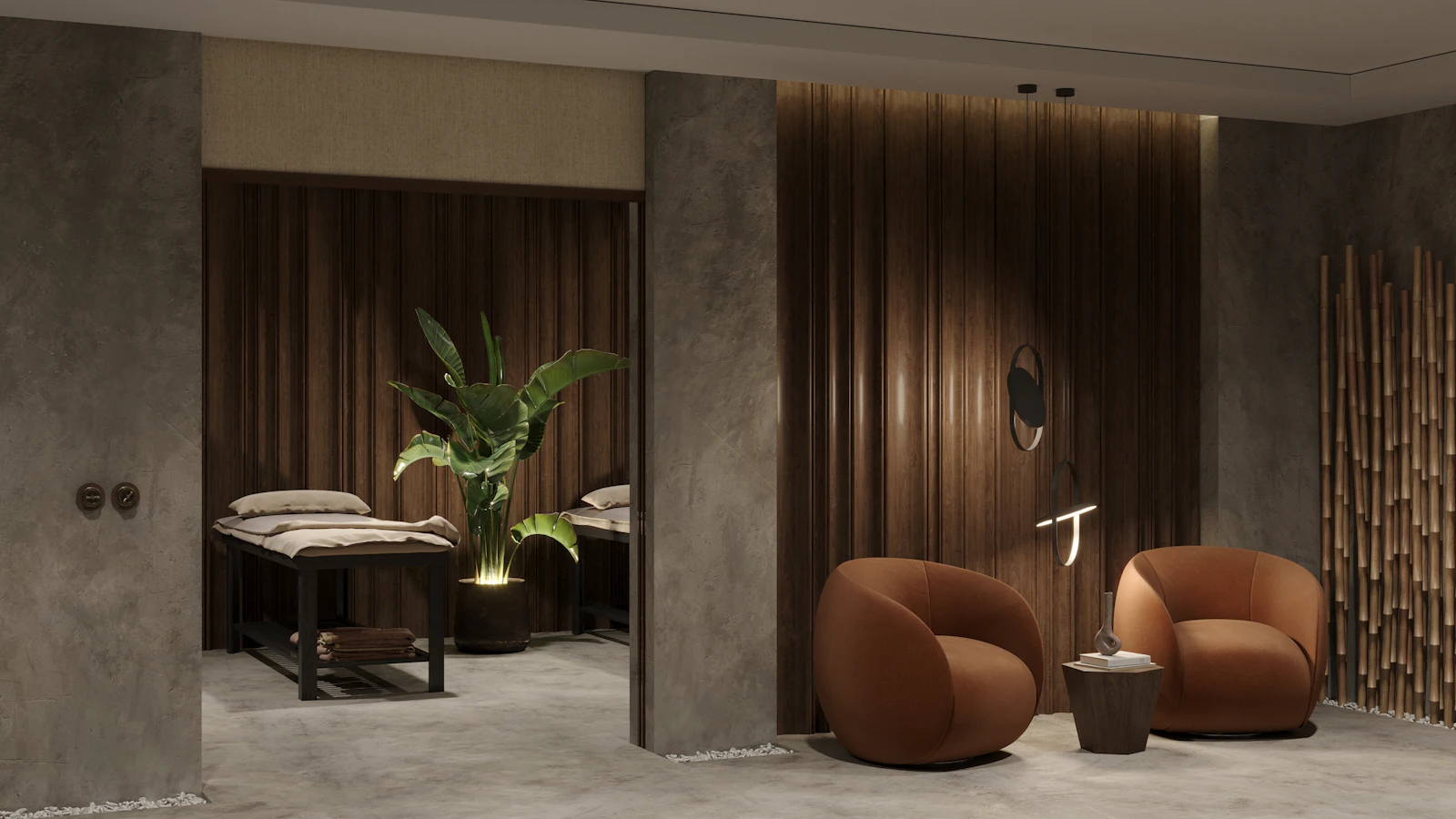 Two rounded chairs and a side table in a spa interior.