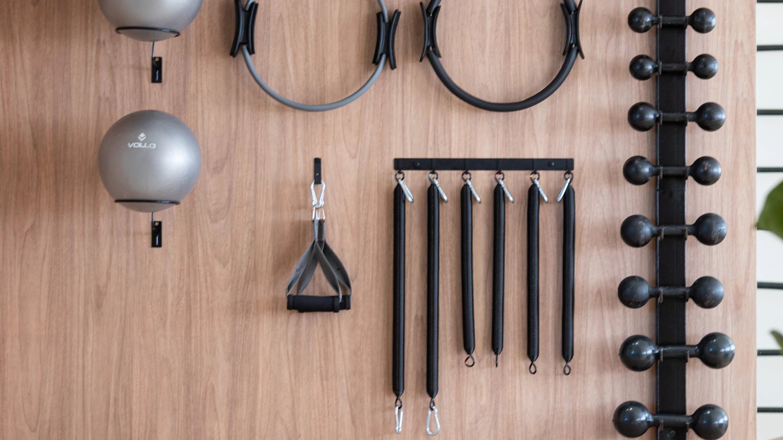 Exercise rings, straps and small weights arranged on a wooden studio wall.