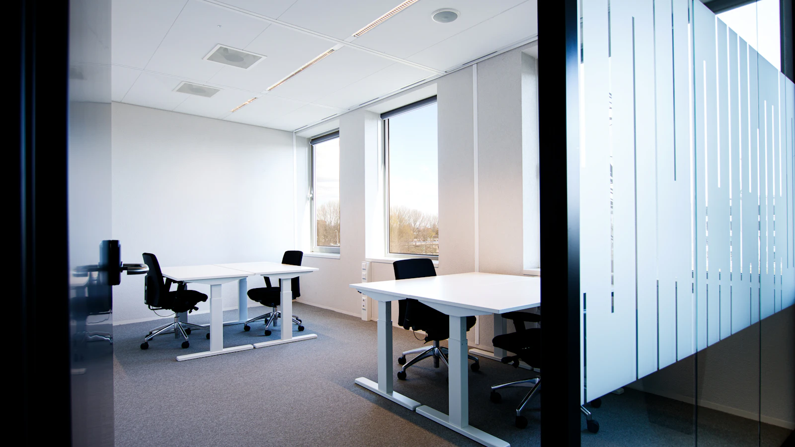 An office desk and chairs beside a patterned frosted-glass partition.