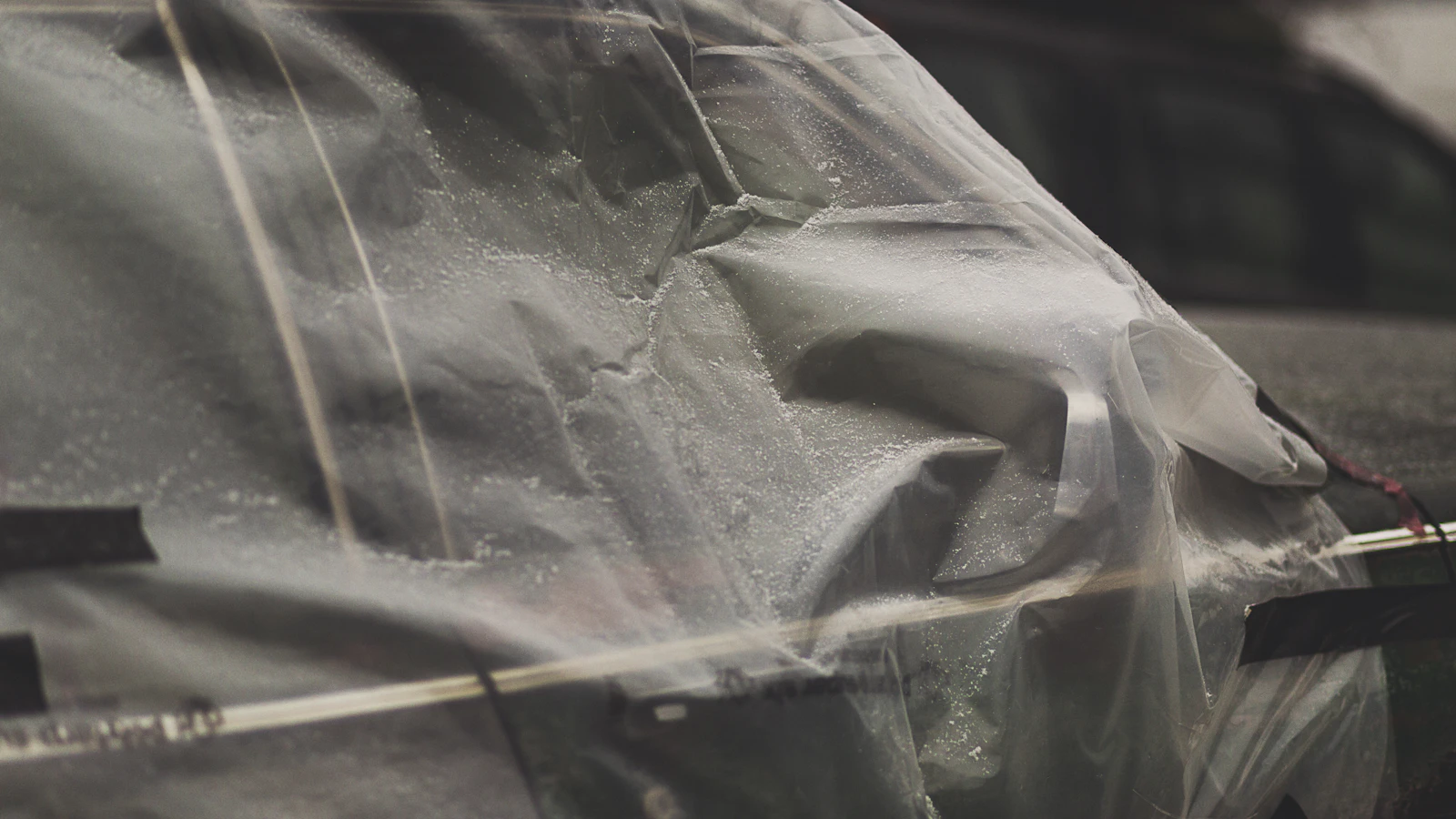 Transparent film draped across a vehicle inside a workshop.