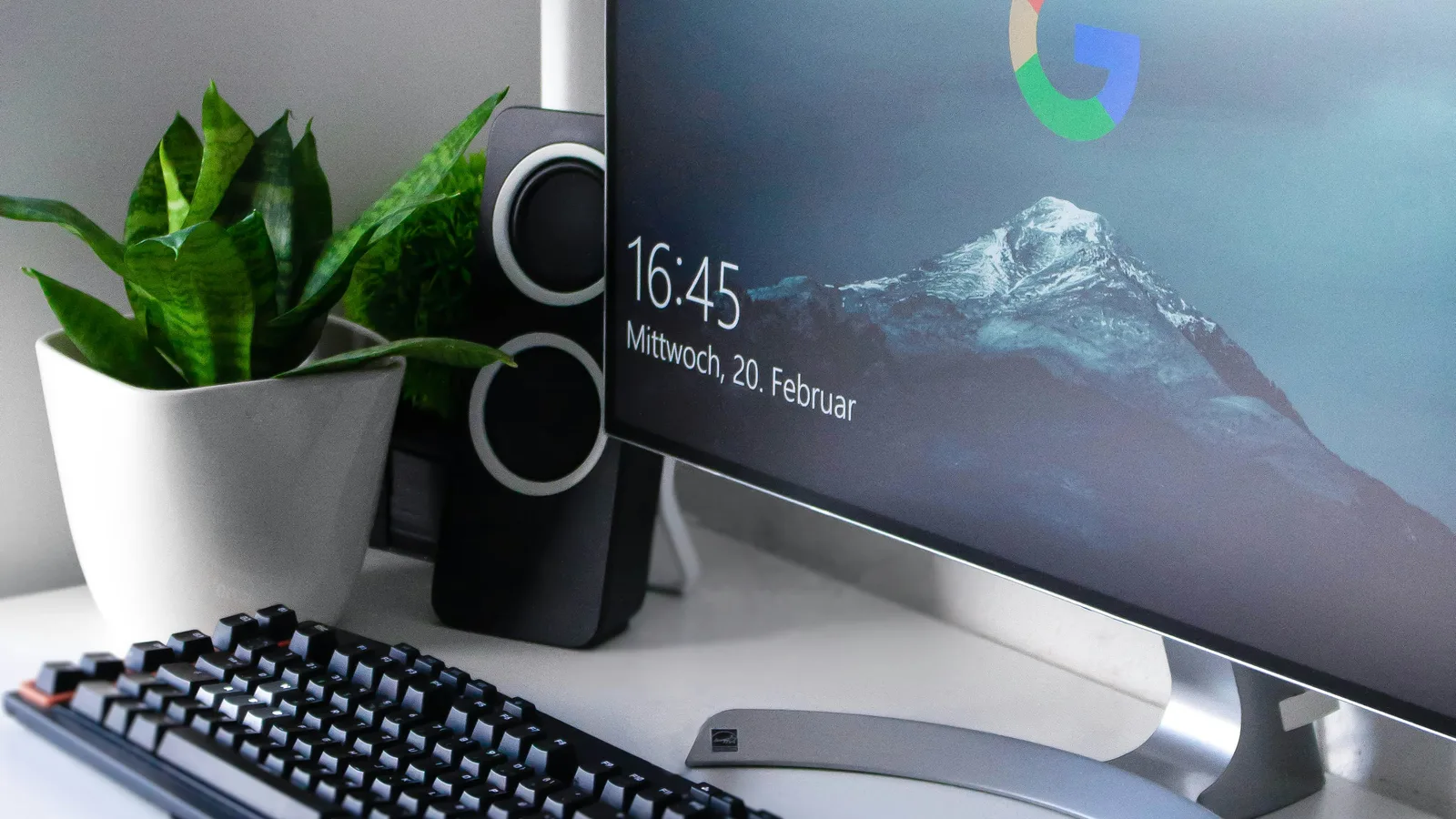 Desktop monitor, keyboard, speaker and potted plant on a desk.