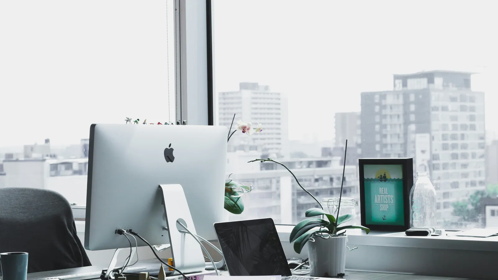 Computer workstations beside large office windows.