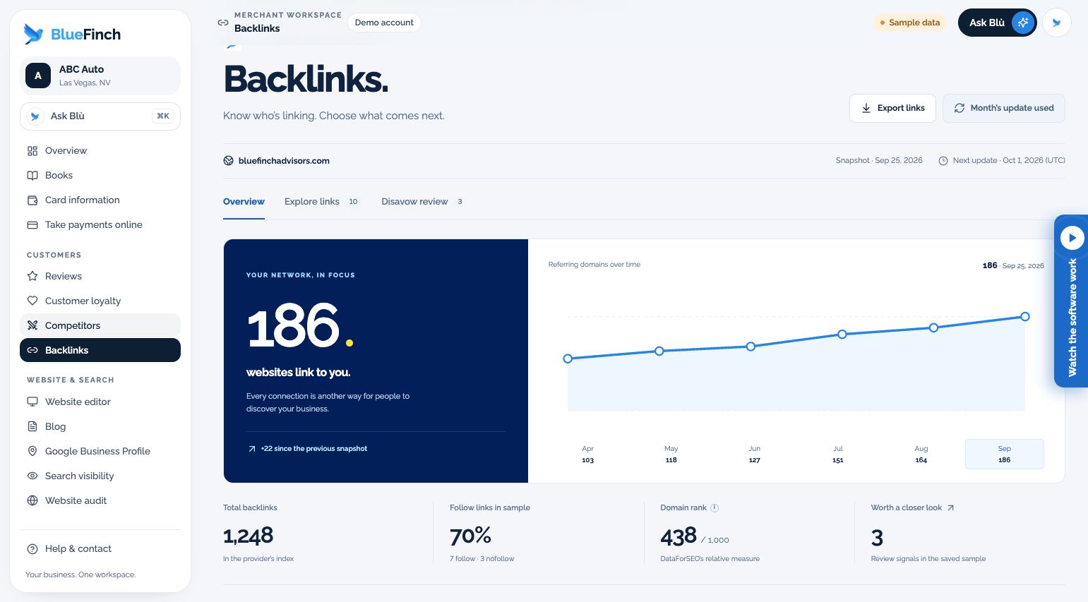 Backlink workspace with sample referring-domain history and review tools