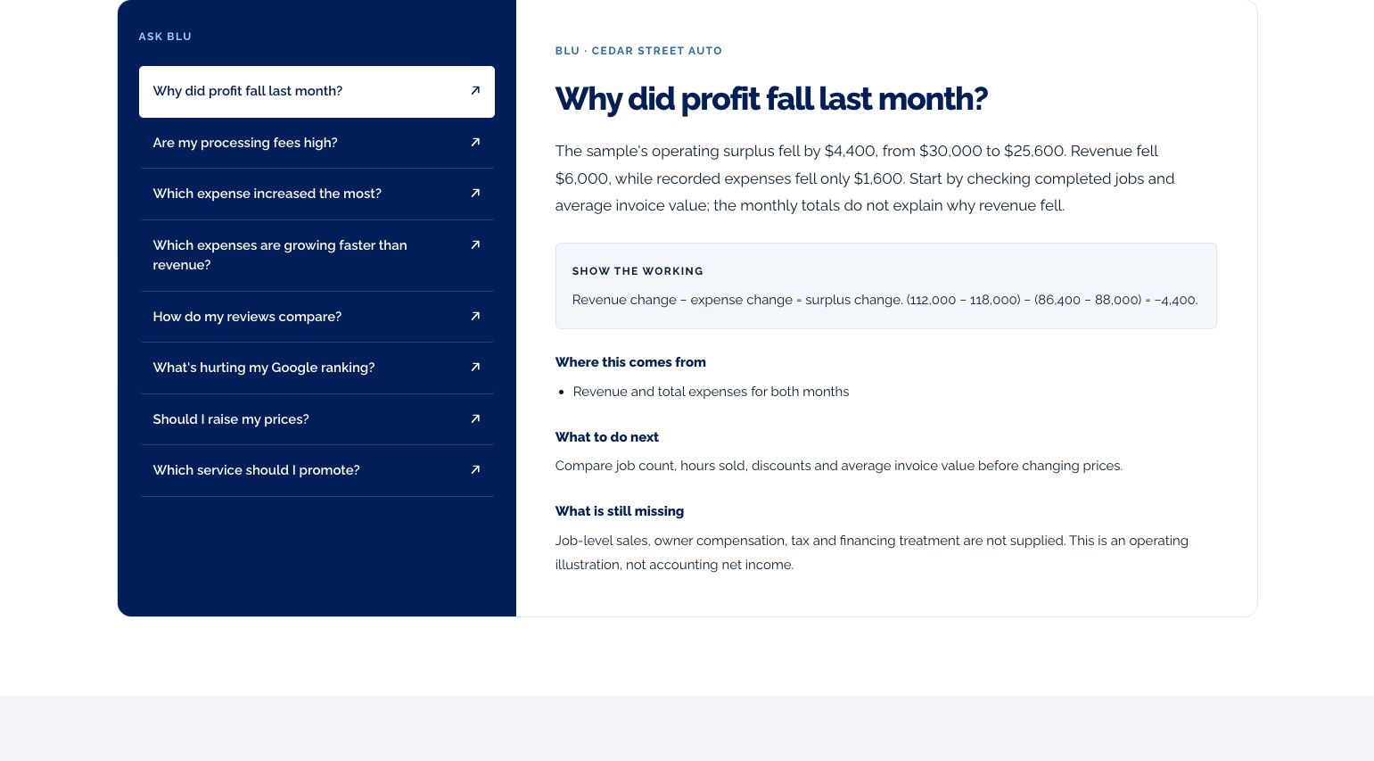 Prepared Blu answer with the fictional business calculation and supporting figures