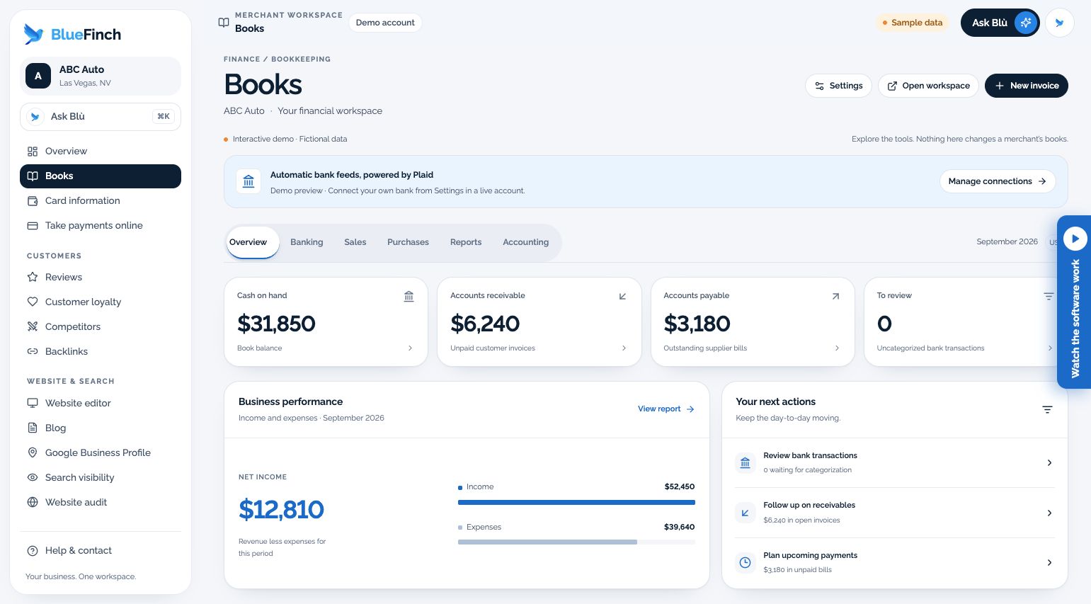 Books overview with fictional balances and monthly income and expenses