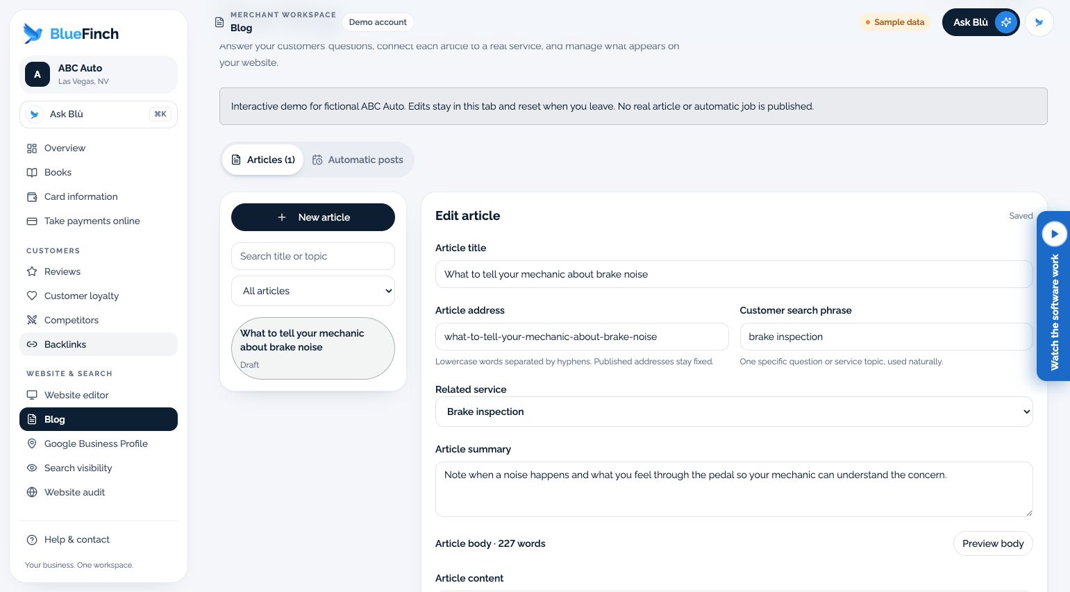 Blog editor with a fictional repair-shop article draft