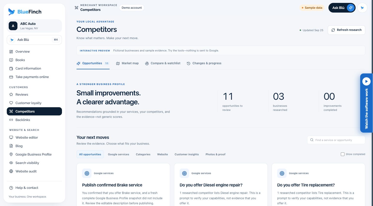 Competitor workspace with fictional businesses and evidence-linked opportunities
