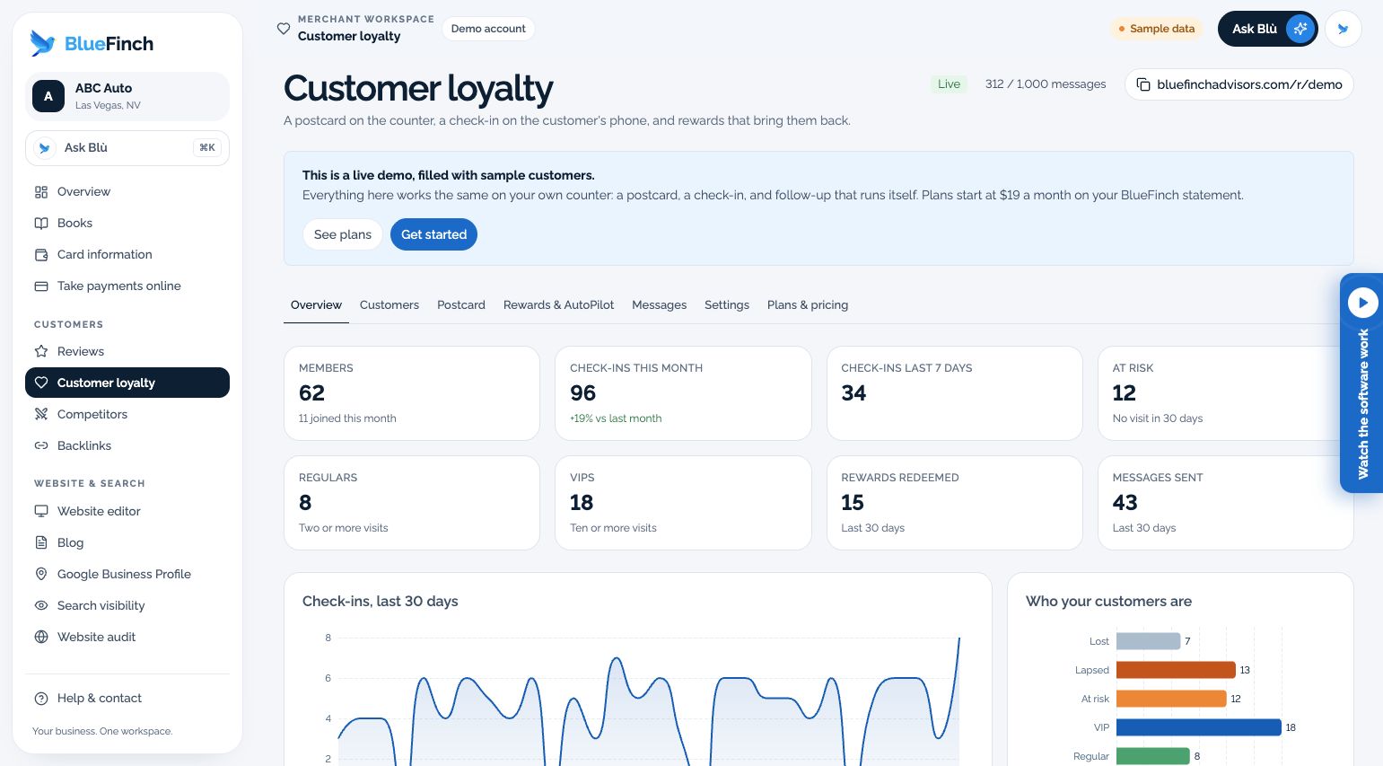 Loyalty overview with sample members, check-ins and messages