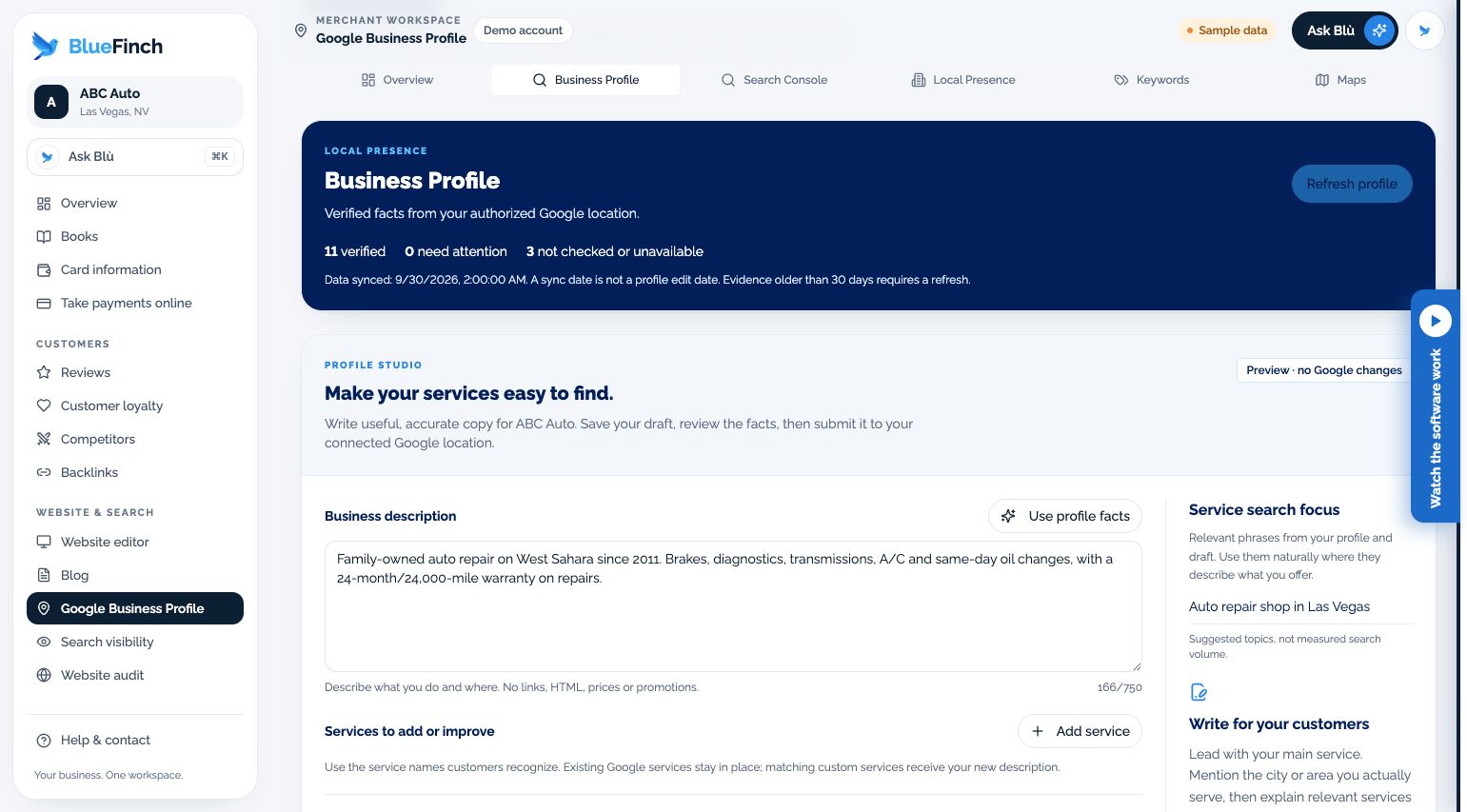 Business Profile studio with a fictional description and draft controls