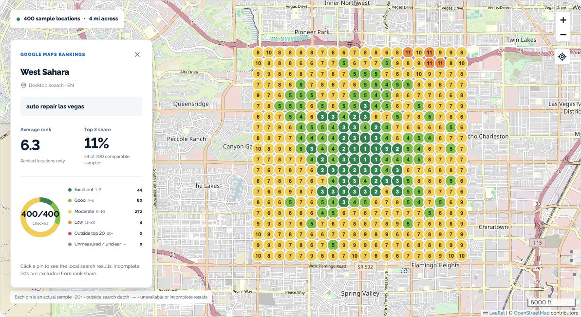 Map rank tracker with sample location-by-location results