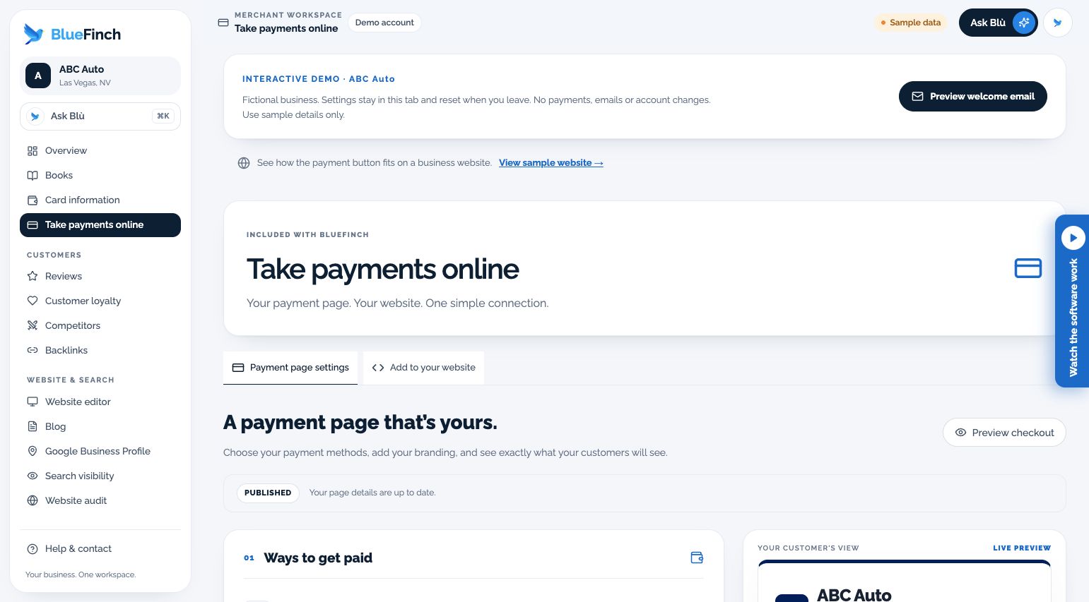 Payment page settings beside a fictional customer checkout preview