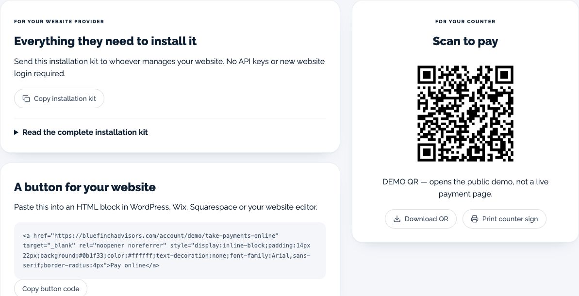 Payment link, website installation kit and sample payment QR code