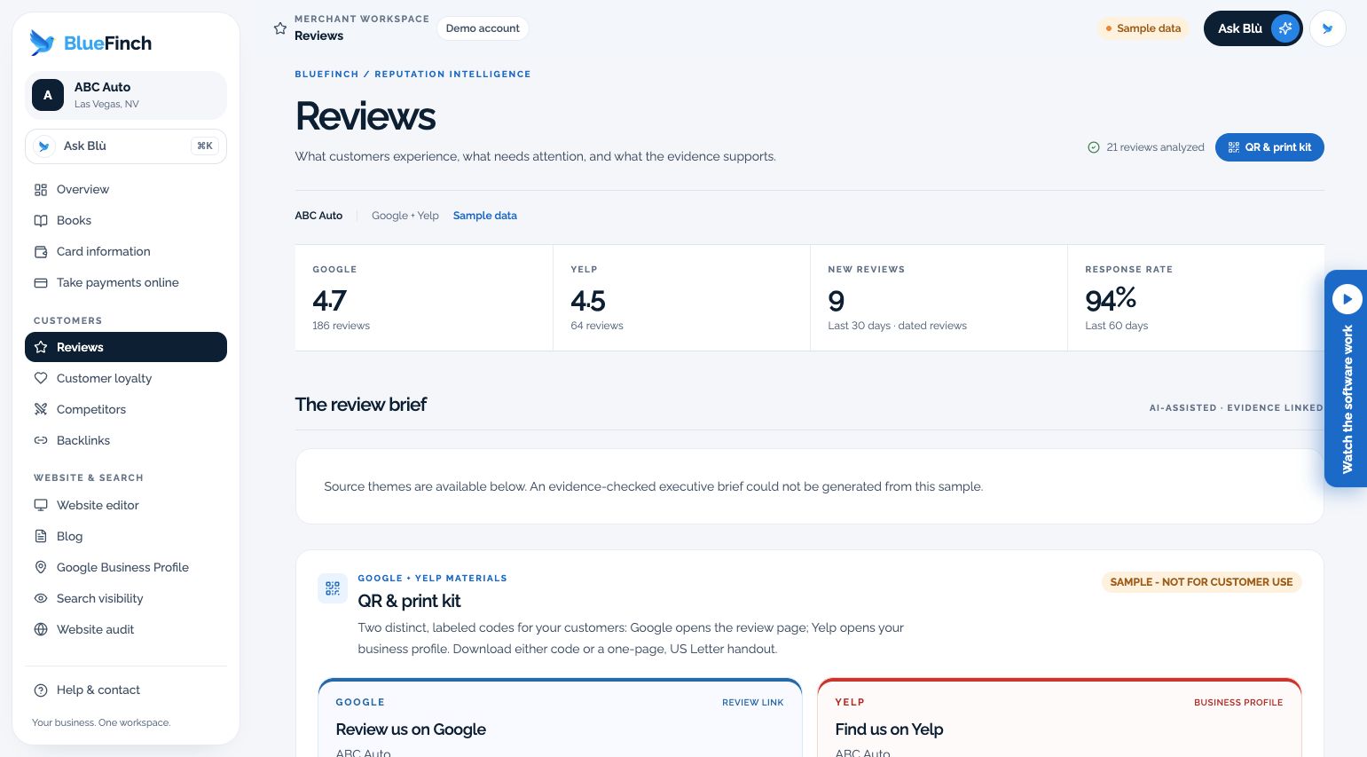 Review summaries and QR materials in the fictional ABC Auto account
