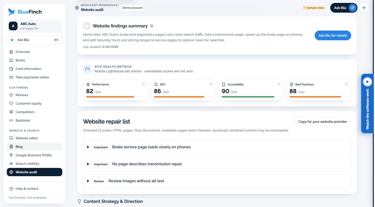 Website audit with sample performance checks and a repair list